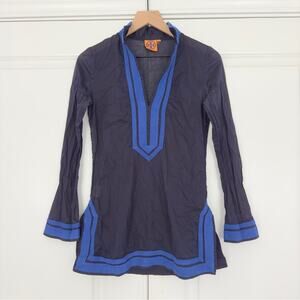 Tory Burch 100% Cotton Long Sleeve Tunic Top Lightweight Preppy Slit Hem Zipper